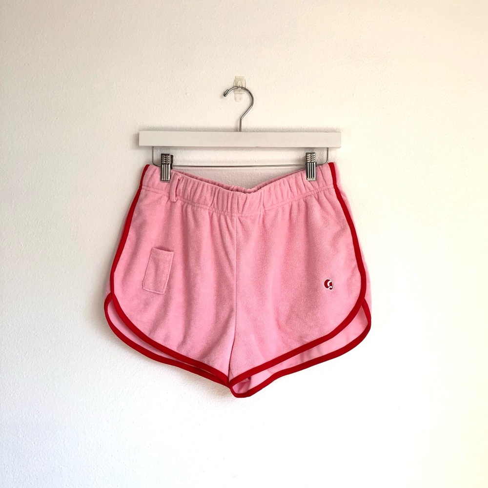 Glossier Limited Edition Pink / Red Trim Terry Cloth Shorts Size Medium